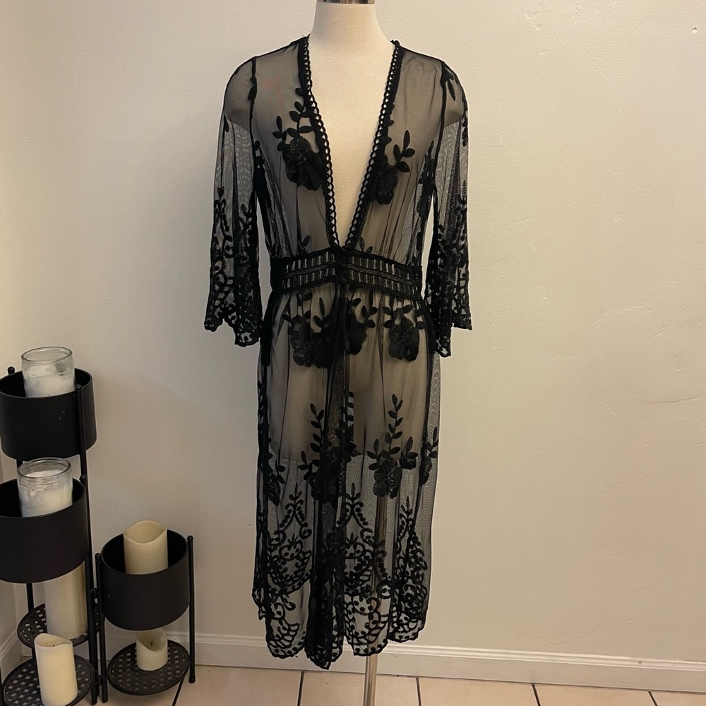 Blash Women Small Black Sheer Duster Cover Up Robe Whimsigoth Dark Romantic
